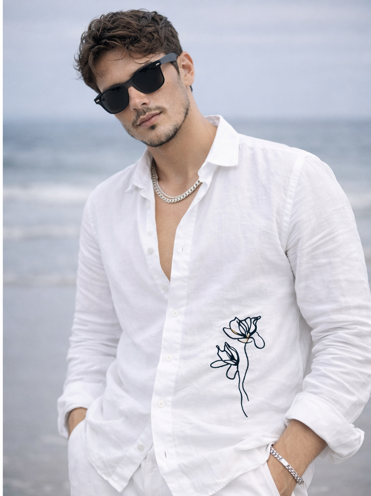 Premium White Linen Shirt with Black Floral Embroider