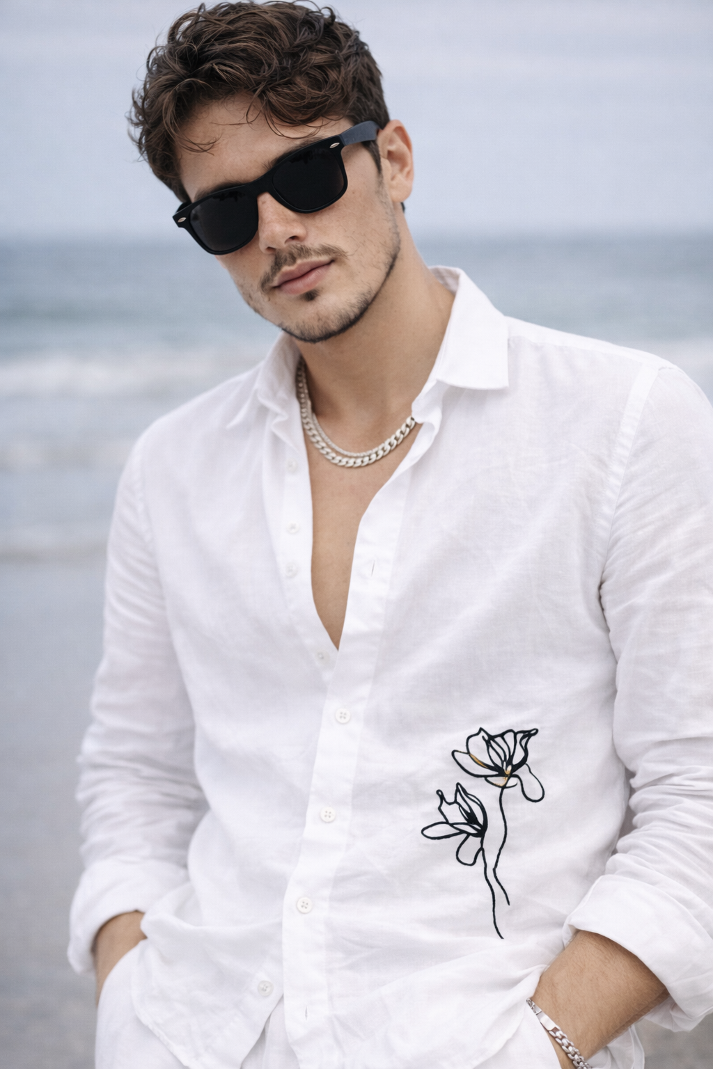 Premium White Linen Shirt with Black Floral Embroider