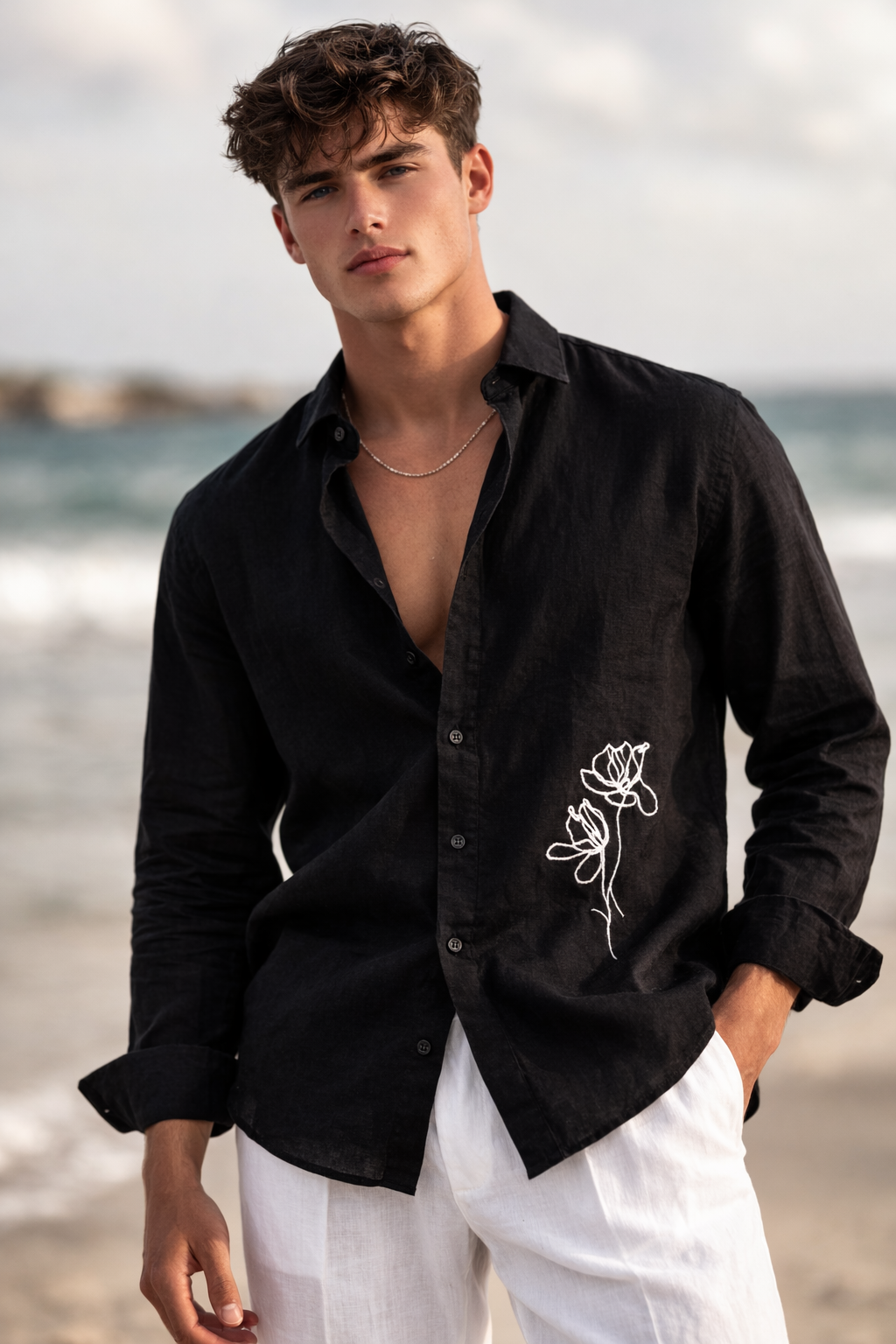 Premium Black Linen Shirt with White Floral Embroider